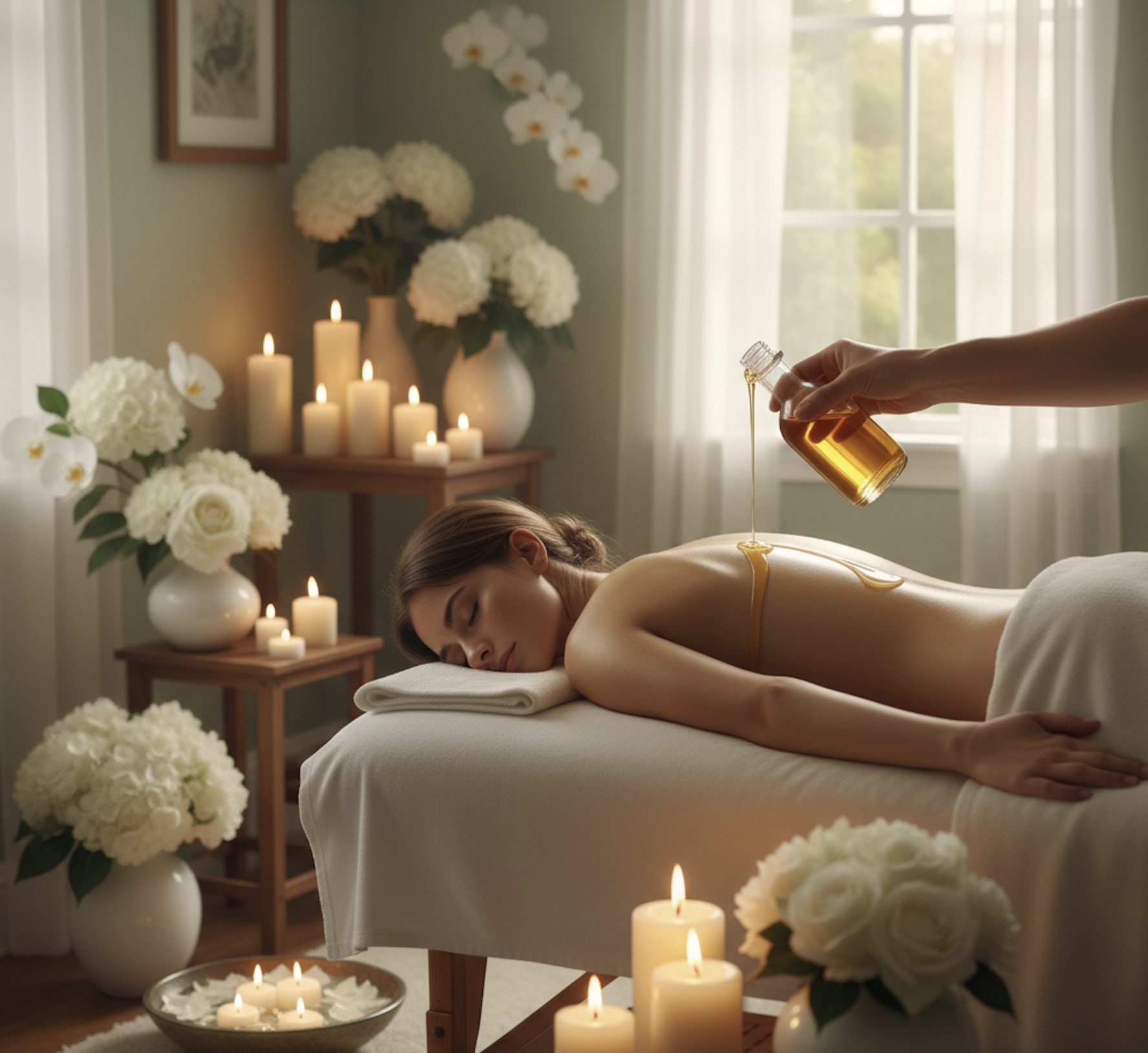 Entspannende Öl-Massage mit Kerzen und weißen Blüten